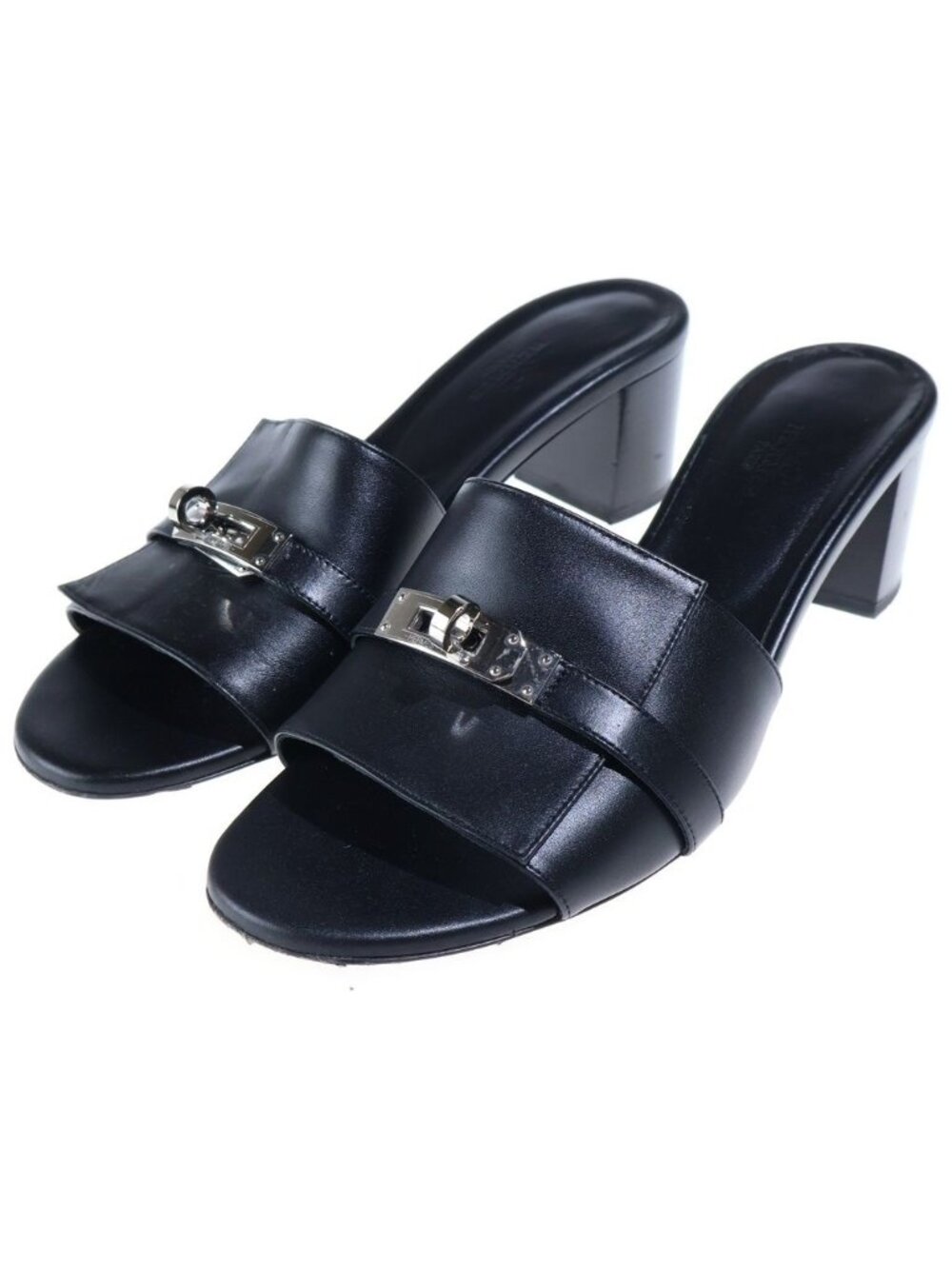 Hermes Gigi Kelly Buckle Sandals Black Leather Silver